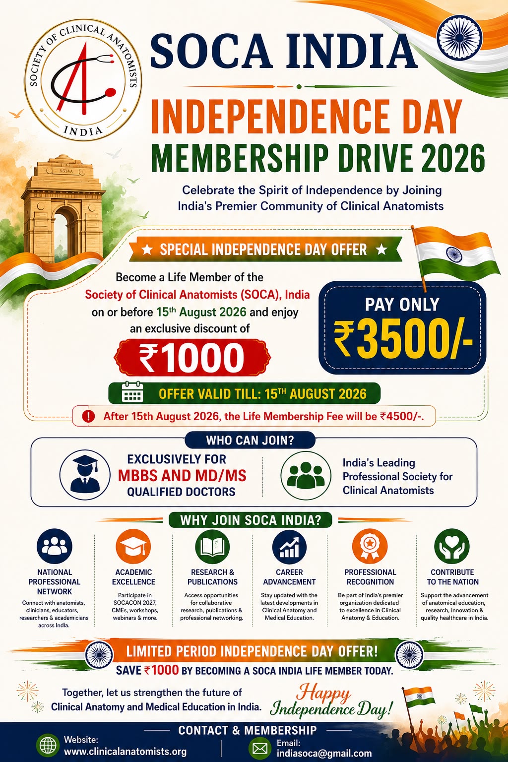 SOCA India Independence Day Membership Drive 2026: life membership is Rs. 3,500 through 15 August 2026 and Rs. 4,500 afterward.
